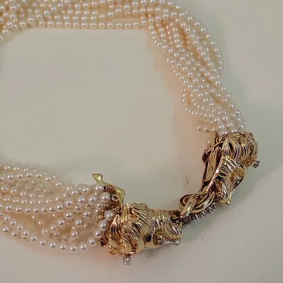 Vintage 14K Gold Lion-Head Clasp Multi-Strand Pearl Choker w/ Diamonds (Real) - Picture 5 of 5